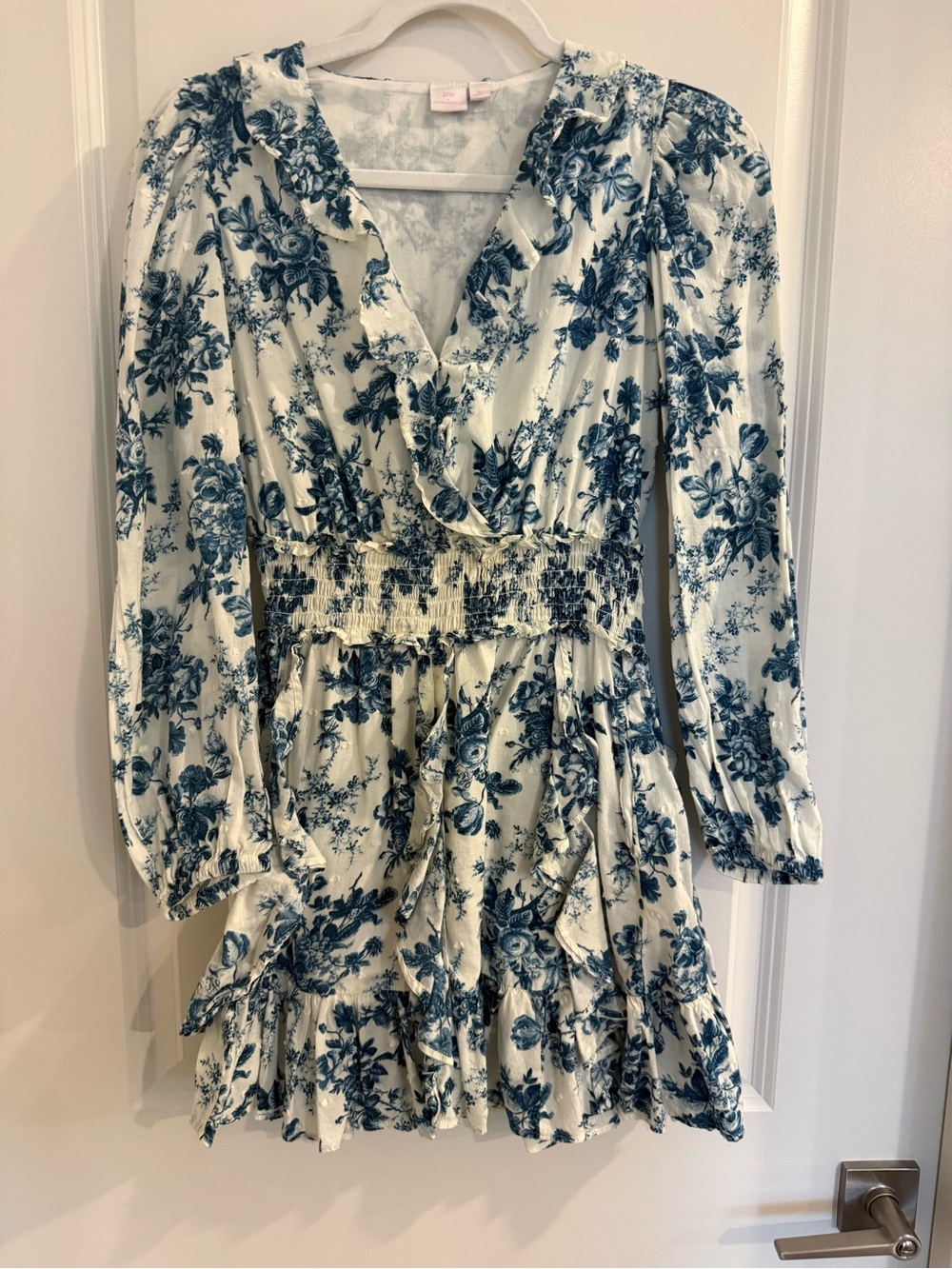 Gap x LoveShackFancy Blue Floral Ruffle Long Sleeve Mini Dress